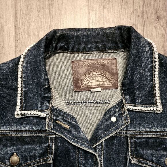 Vintage 90's Lawman Rhinestones Cropped Denim Jean Jacket Size M - Picture 6 of 8